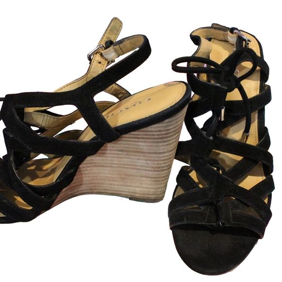 COACH black suede strappy wedges size 6 fun party shoes for comfort with class - Picture 2 of 12